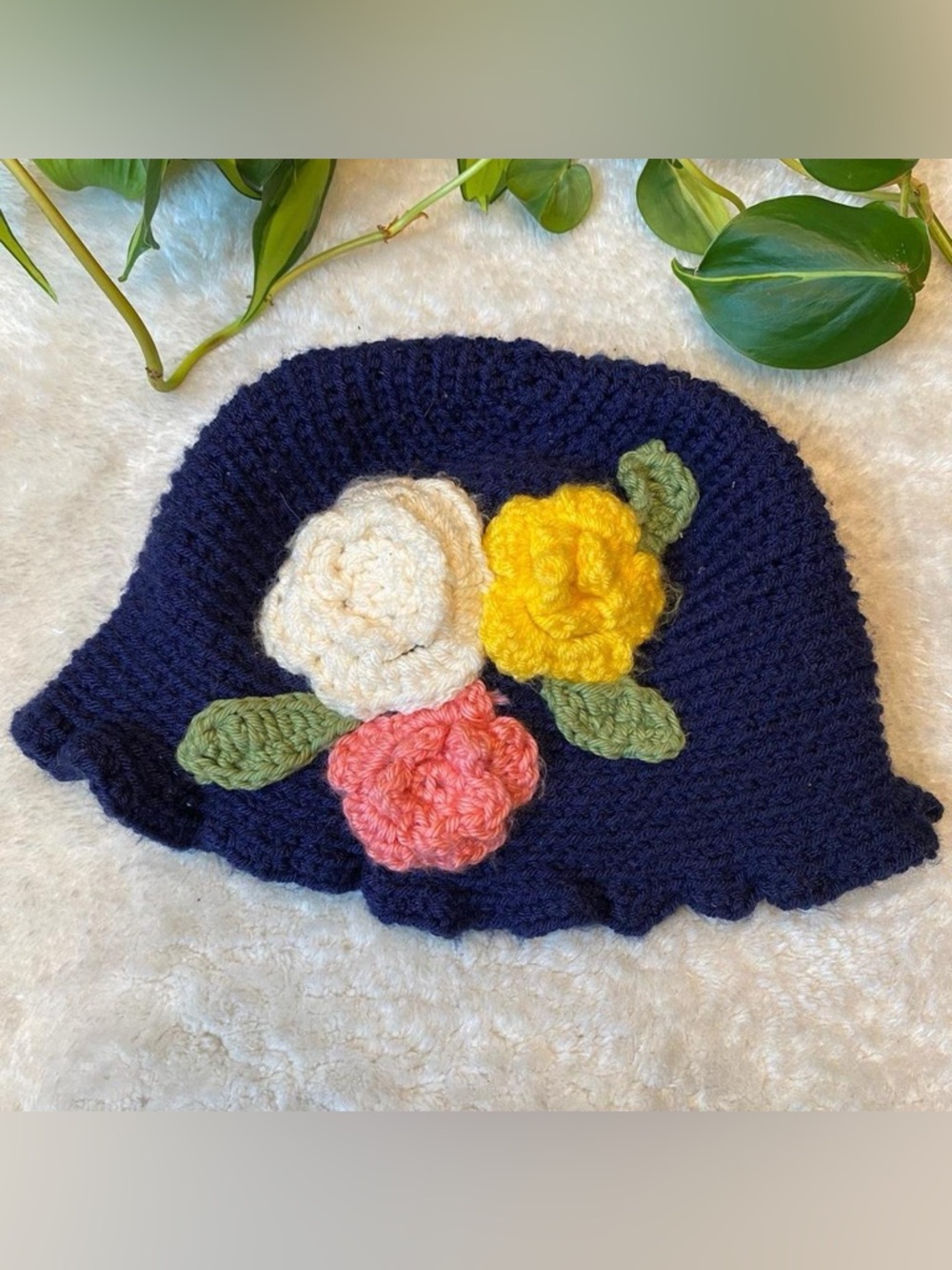 Handmade Knit Blue Flowet Beanie Bucket Hat